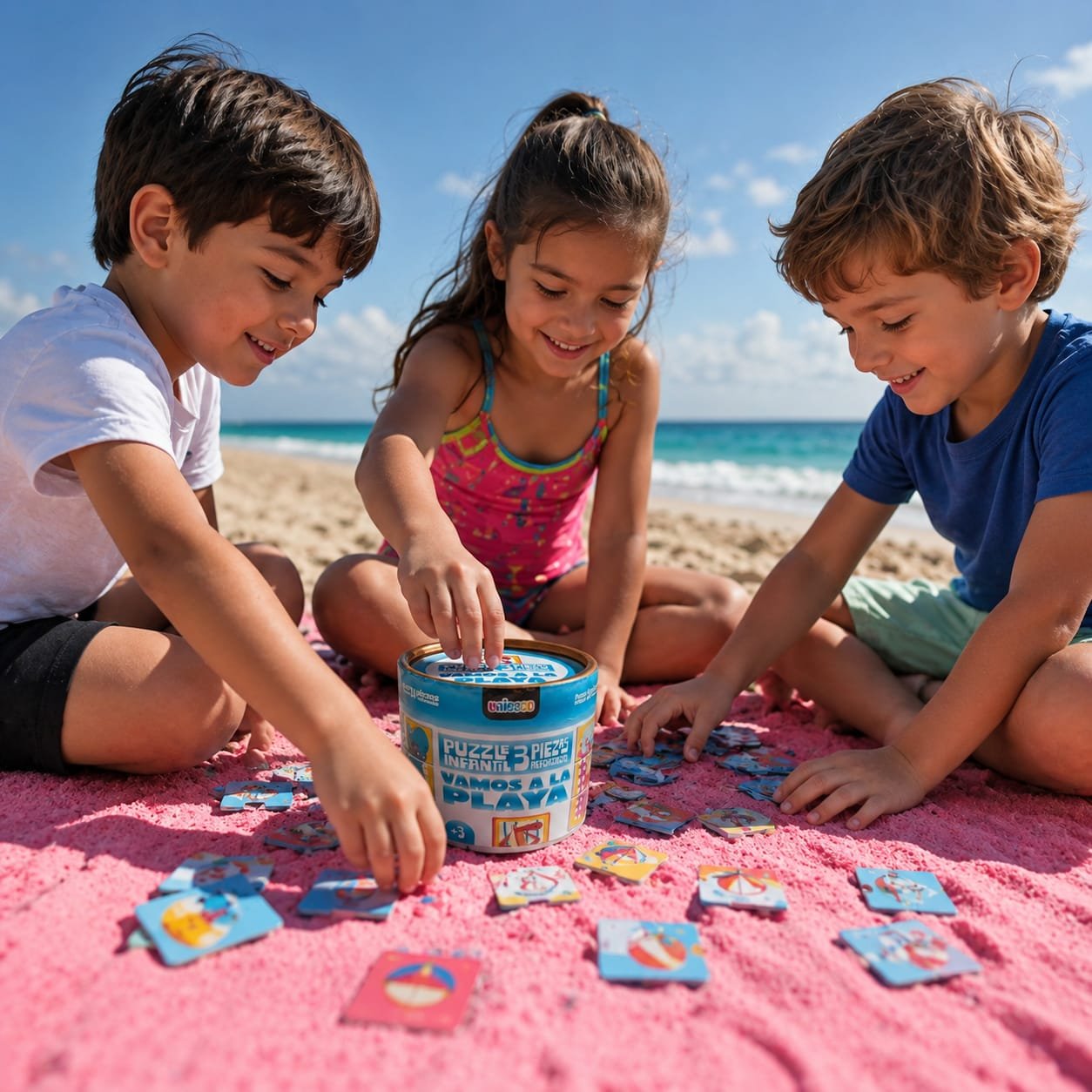 Niños jugando con fichas en la arena